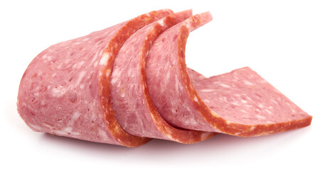 Salami sausage slices, isolated on white background. High resolution image