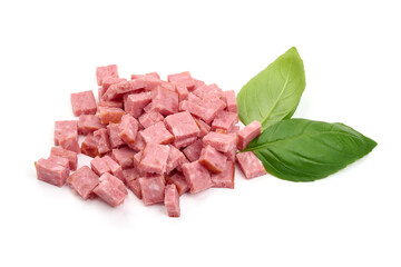 Salami sausage slices, cut by cubes, ingredients, isolated on white background. High resolution image