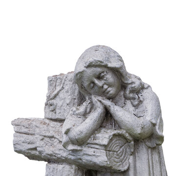 Old stone statue: child near the cross. White background (child loss concept)