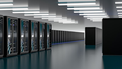 Obraz premium Server room data center. Backup, mining, hosting, mainframe, farm and computer rack with storage information. 3d render