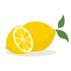 Yellow lemon with leaf and slice. Lemon is a fruit that is sour and has high vitamin C. Vector illustration
