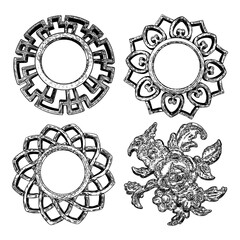Set of vintage style floral circular cast stone design elements. Marble rosettes drawing for fashionable pattern in black white for textile, scarves, backgrounds. Vector.