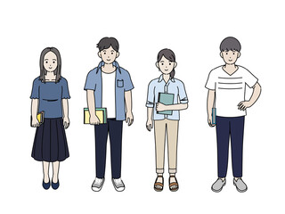 大学生　女子大生　若い男女　夏季　全身　イラスト素材