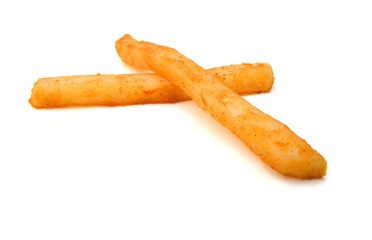 Homemade oil fried sweet potato fries on white background 