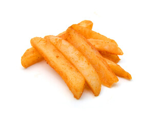 Homemade oil fried sweet potato fries on white background 