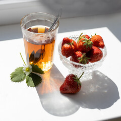 Cup of tea and wild strawberries on a white background