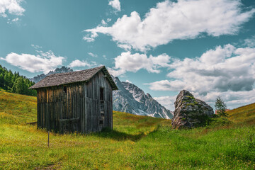 Old alpine hut in the Dolomites, Italy.