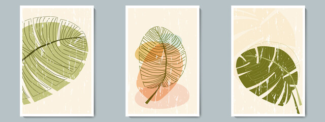 Botanical Wall Art Vector Outline Poster Set. Minimalist Foliage with Abstract Simple Shape and Line Pattern