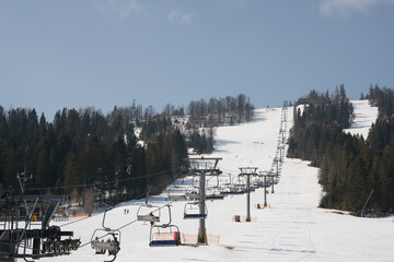 Ski slope and chairlift in winter. Mount Plai. Carpathians. Ukraine.