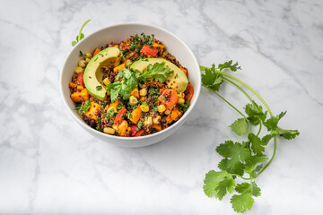 Slow cooker quinoa, sweet potato, and corn casserole with a sprig of cilantro curved around the bowl.