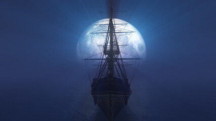 Naklejka premium old ship in sea full moon illustration