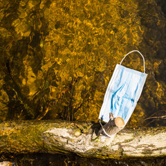 Virus footprint on the Earth. Medical mask in the water.