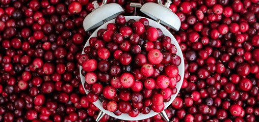 White alarm clock with ripe fresh cranberries as natural, healthy food, berries, time for vitamins background. Selective focus. Banner.	