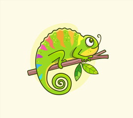 Funny colorful chameleon sitting on branch.Animal for design birthday cards,veterinarian clinic posters,pet shop sale ads,fashion print,stickers,cards,invites.Reptile in wild life.Vector illustration.