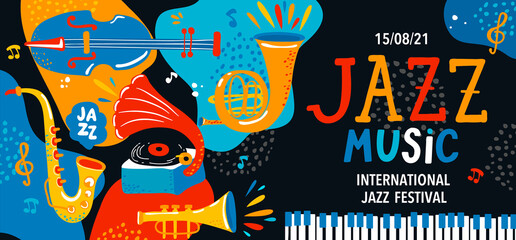 Summer international jazz music festival.Creative modern poster,banner,flyer with classic music instruments and handdrawn lettering.Vector illustration for music events,jazz concerts and other design.
