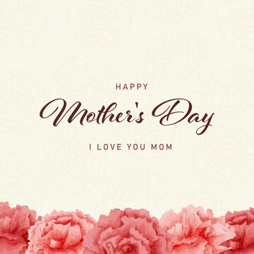 母の日　水彩　カーネーション　フレーム　背景付き　メッセージ入り　正方形/ Watercolor Carnation Frame for Mother's Day with Background and Message - Square - Vector Image