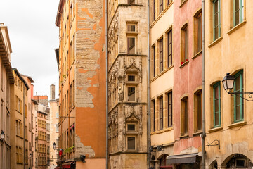 Lyon, typical street in the center, with colorful buildings
