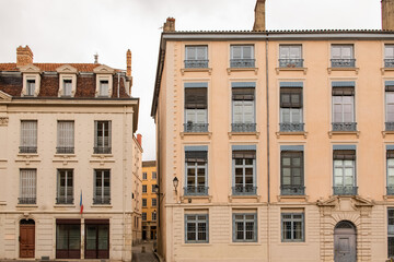 Lyon, typical street in the center, with colorful buildings
