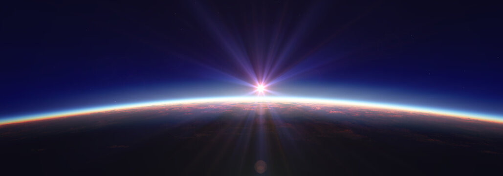 Fototapeta Earth sunrise from space over cloudy ocean. 3d rendering