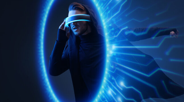 Man on dark virtual reality background. Guy using VR helmet. Augmented reality, future technology, game concept. Blue neon light. Futuristic holographic interface to display data.