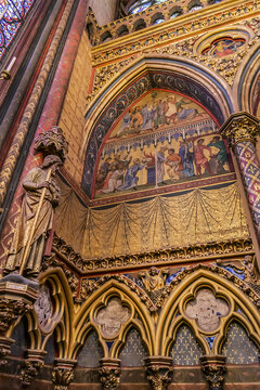 Interior of medieval Paris Holy Chapel (Sainte Chapelle, 1248). Ile de la Cite in Paris. Paris, France - September 4, 2016.