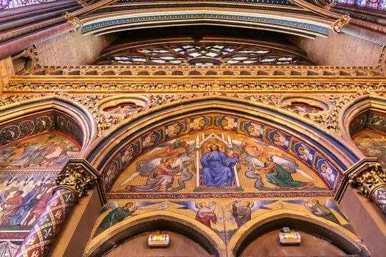 Interior of medieval Paris Holy Chapel (Sainte Chapelle, 1248). Ile de la Cite in Paris. Paris, France - September 4, 2016.