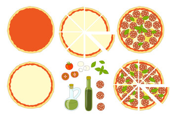 Pepperoni pizza set - dough, ingredients, whole and pizza slice isolated on white - vector design elements for cooking