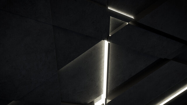 Dark, Concrete wall background, with integrated White light strips. Geometric Tech Wallpaper with Illuminated, Futuristic, 3D Blocks. 3D render