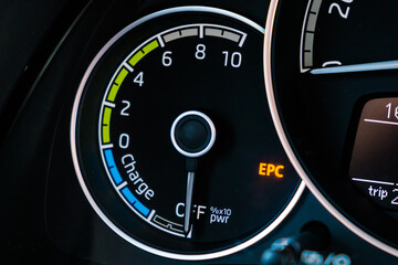 Engine stop of electric car on the dashboard. 