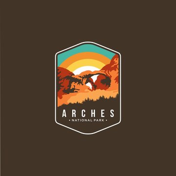 Illustration of arches national park emblem patch logo on dark background