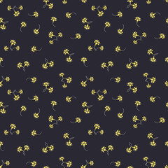 Simple vector floral seamless pattern. Abstract background with small scattered hand drawn flowers. Liberty style wallpapers. Elegant ditsy texture. Yellow flower on black. Repeat minimal design