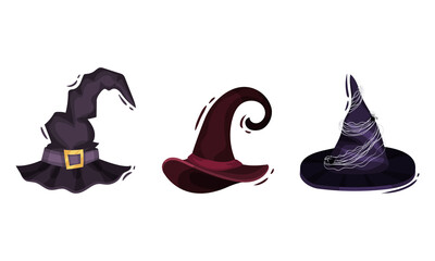 Witch Pointed Hat with Belt and Wide Brim Vector Set