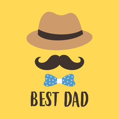 happy fathers day illustration with mustache, tie bow and hat