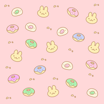 Cute pattern with donuts and bunnies on a pink background.
