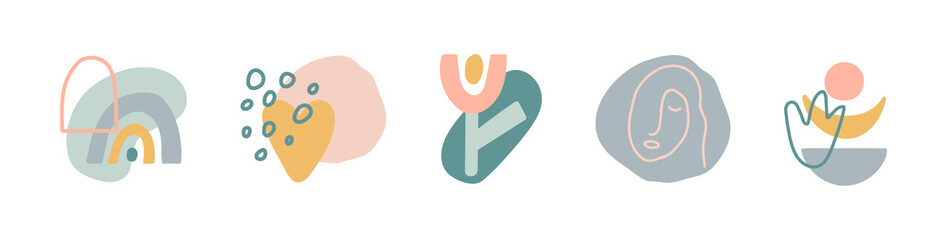 Organic shapes compositions set. Minimal stylish cover template. Hand draw abstract design elements in pastel colors. Art form for social media stories, branding, banner, decor. Vector illustration