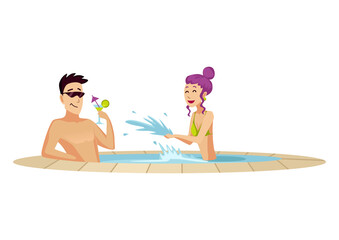 Attraction in waterpark.. Two resting in little swim pool. Man drinking a cocktail. Flat style isolated  illustration