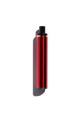 Disposable e-cigarette in dark red color on white isolated background. The concept of modern smoking, vaping and nicotine. Top view