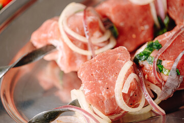 marinated meat for barbecue. Meat skewered and ready to grill