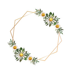 Obraz premium Gold frame with watercolor pressed and dried flower on white background