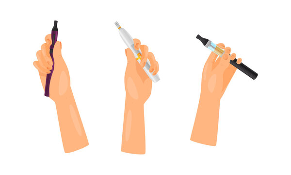 Hand with Electronic Cigarette Simulating Tobacco Smoking Vector Set