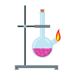 Chemical Experiment Laboratory Equipment. Glass Flask with fire on test tube holder. Equipment for game and app design. Chemical Research Laboratory