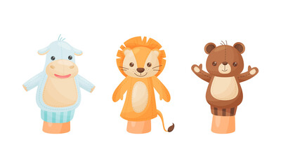 Hand Puppet Toy Made from Fabric Wore by Hand Vector Set