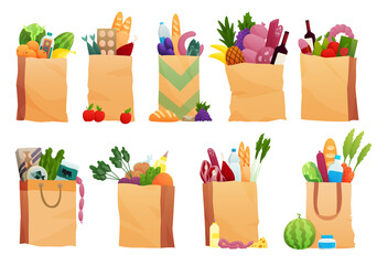 Set of paper bag with Fresh Food -  illustration in flat style. Different food and beverage products, grocery shopping. Fruits, vegetables, ham, cheese, bread, milk