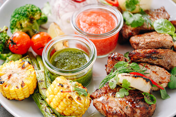 shish kebab and vegetables grilled and served on a white plate