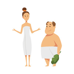 Man and woman. Bathhouse or banya procedure.  flat people. Activity for wellness and recreation. People Enjoying Sauna Procedures