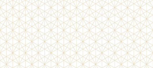 Golden lines pattern. Vector geometric seamless texture with delicate grid, thin lines, hexagons, triangles, diamonds. Abstract white and gold background. Art deco style ornament. Repeat geo design