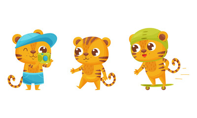 Cute Striped Tiger Skateboarding and Taking Photograph Vector Set
