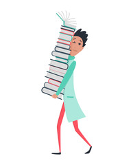 Young scientists characters in laboratory. Doctor research in a laboratory lab. Professor with a large pile of books. Stereotype of scientist.  illustration isolated on white background