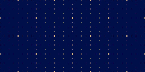 Subtle golden vector seamless pattern with small diamond shapes, stars, rhombuses, dots. Simple wide geometric background. Abstract minimal ornament. Night sky texture. Luxury repeat decorative design