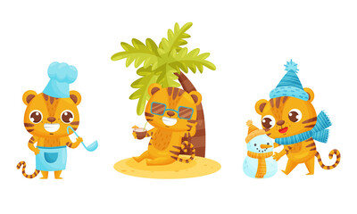 Cute Striped Tiger Cooking, Drinking Cocktail on Beach and Building Snowman Vector Set